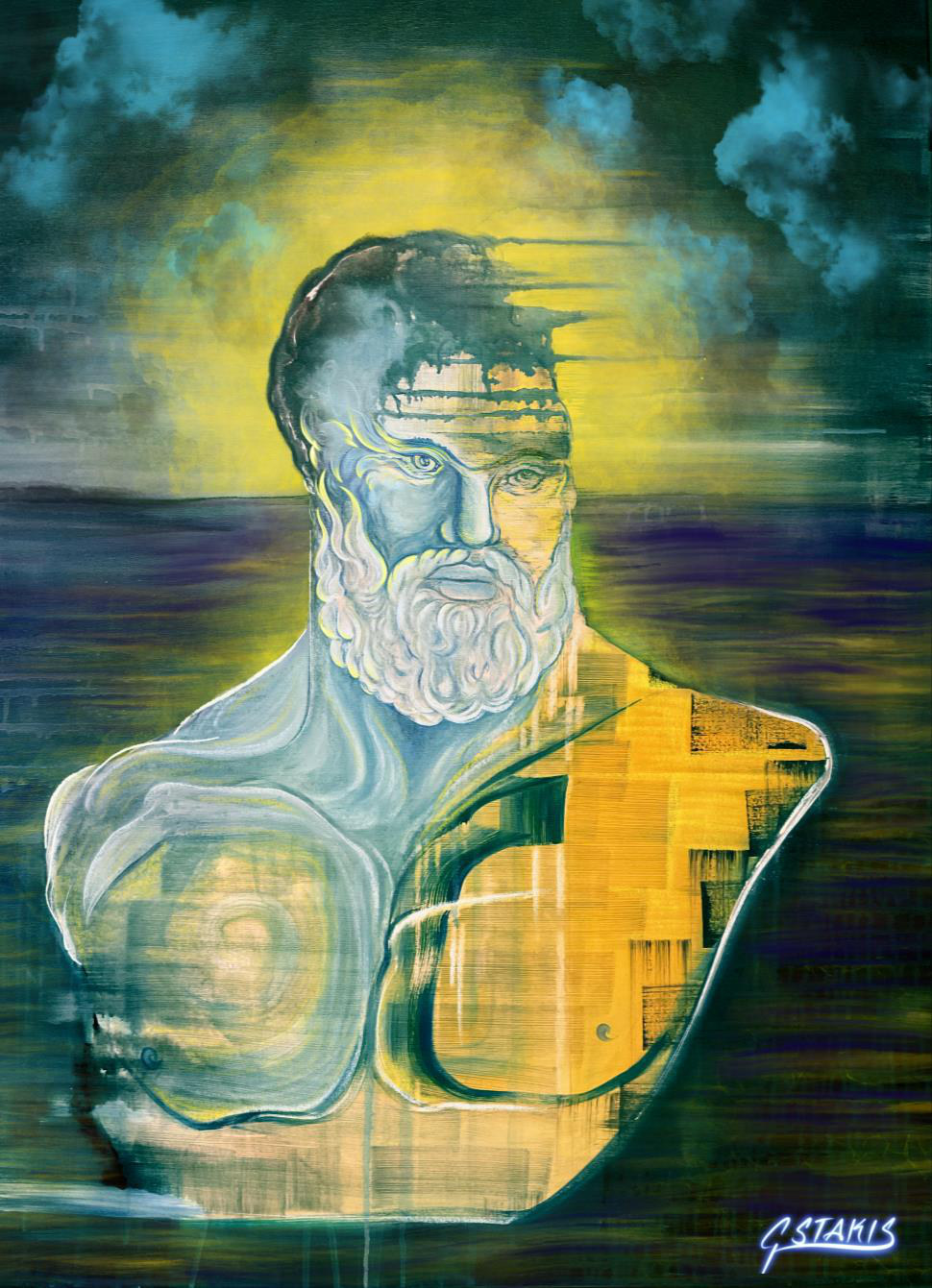 Hercules II — Mixed media, acrylic & airbrush on canvas, 40 × 30 in