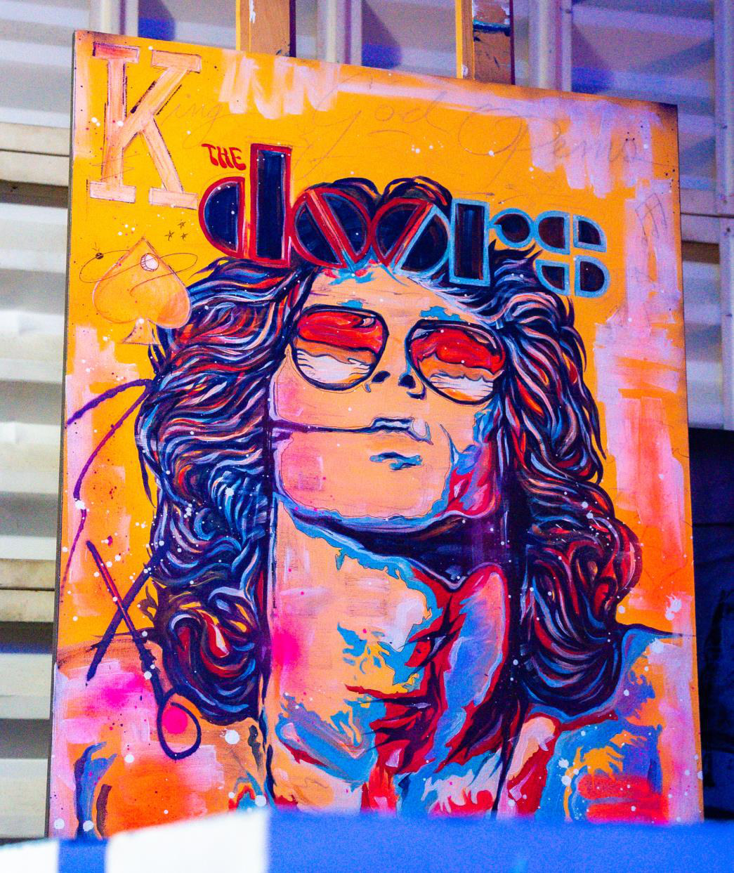 The Lizard King (Jim Morrison of The Doors) — Acrylic, pencil, spray paint & charcoal on canvas, 30 × 40 in