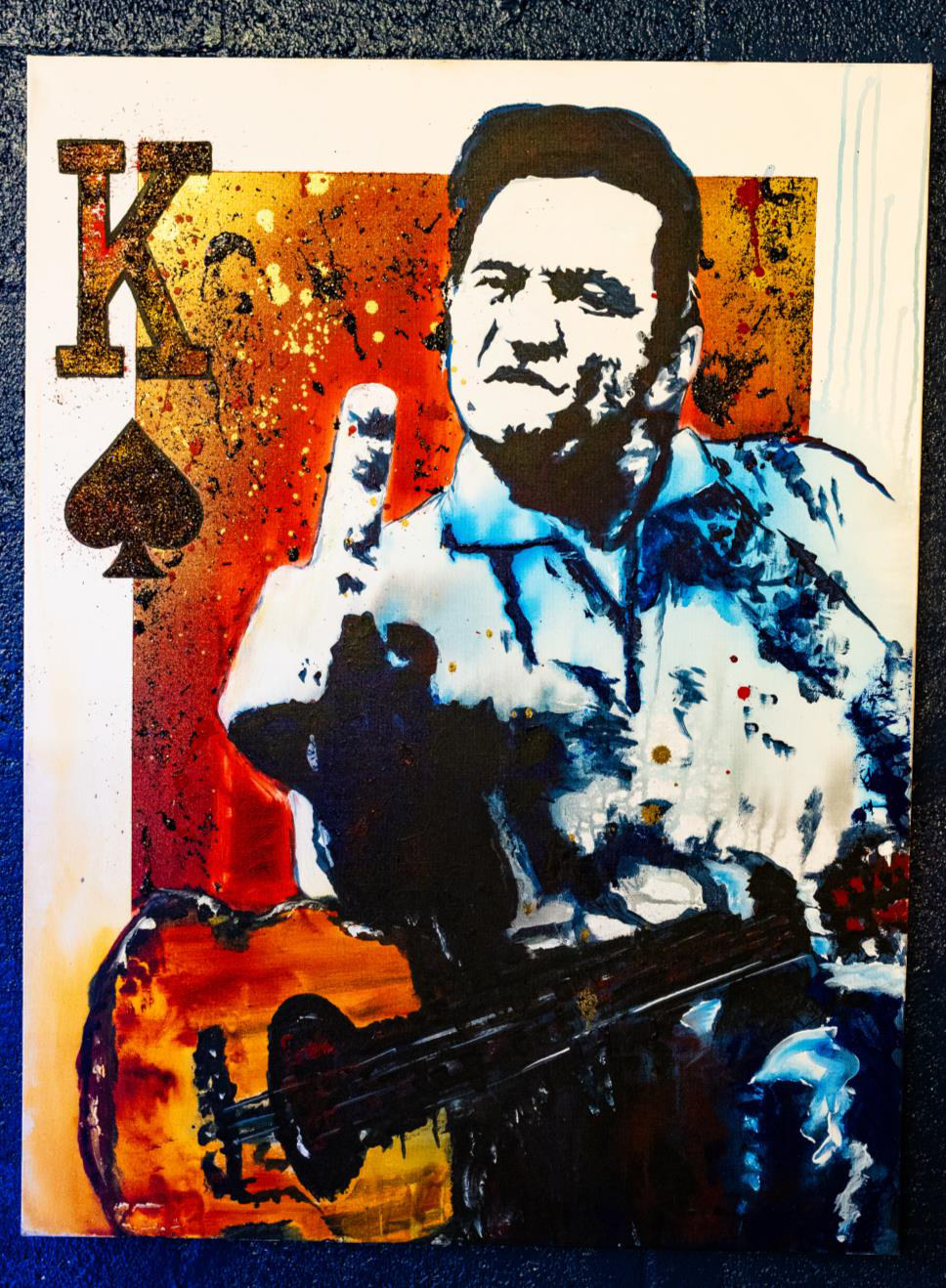 The Man Who Walked the Line (Johnny Ca$h) — Acrylic, spray paint, diamond dust & glitter on canvas, 30 × 40 in