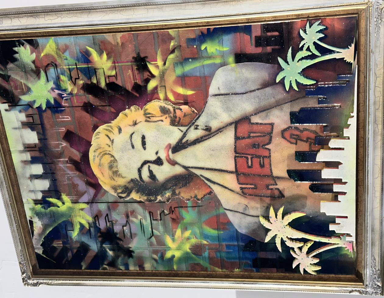 Ms. Marilyn Monroe — Mixed media — acrylic, spray paint, wood cut-out on brick & canvas, resin finish with diamond dust, 48 × 40 in