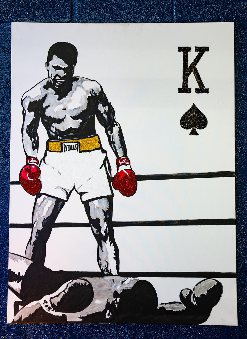 The World’s Greatest (Muhammad Ali) — Acrylic, diamond dust & glitter on canvas, 48 × 40 in