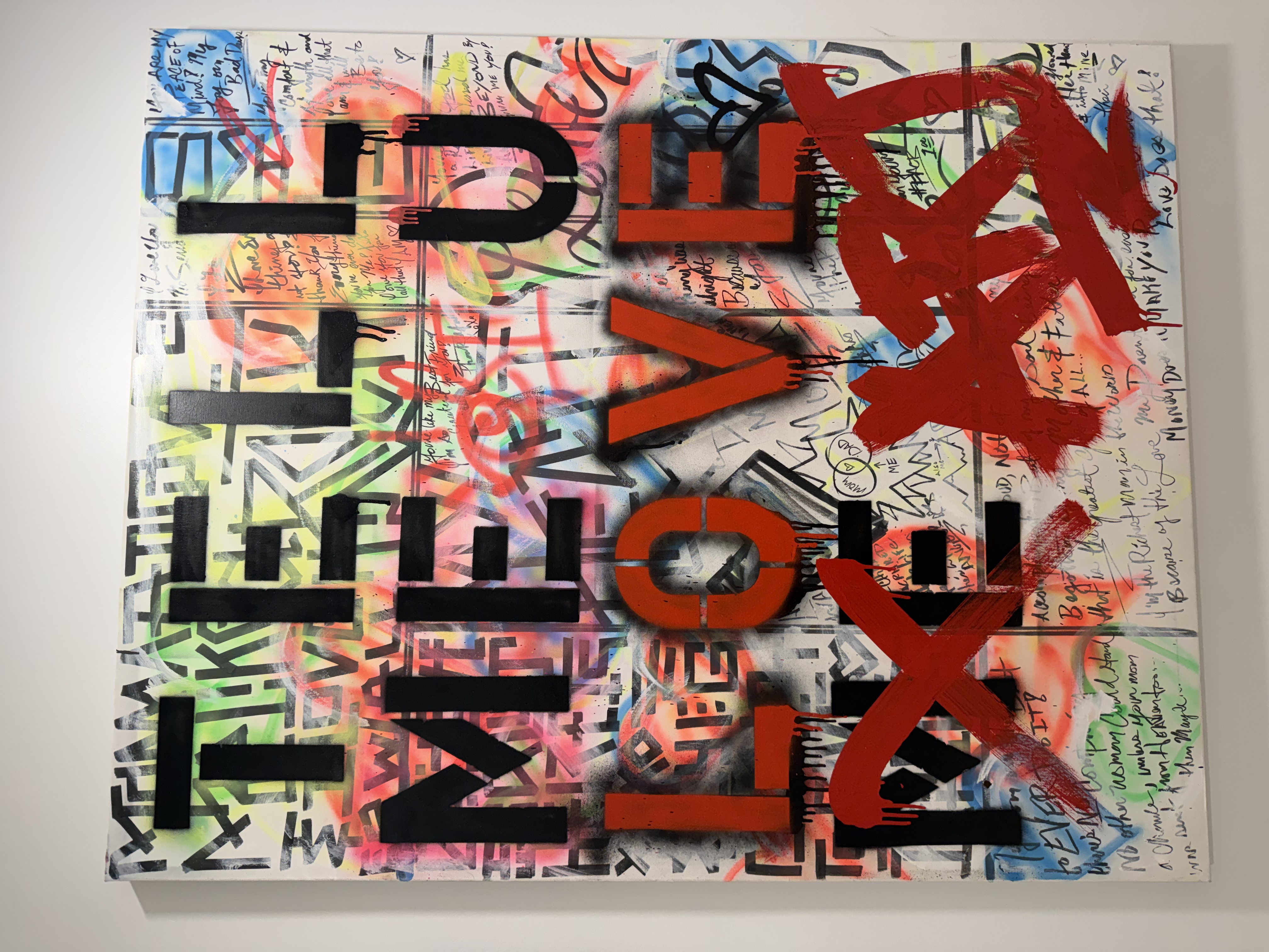 Tell Me You Love Me — Acrylic, spray paint & sharpie on canvas, 48 × 60 in