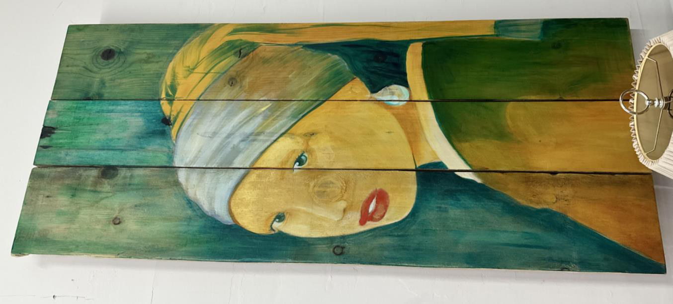 The Girl — Lightweight acrylic & watercolor on aged cedar, 36 × 60 in